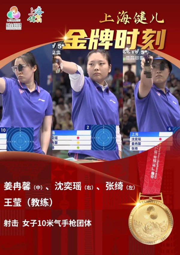 快牛盘 姜冉馨、张绮、沈奕瑶，冠军！上海队射落全运会女子10米气手枪团体金牌